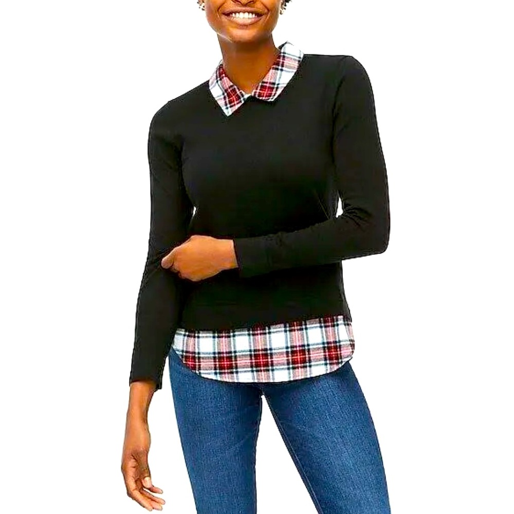 NWT lightweight sweater with woven plaid collar